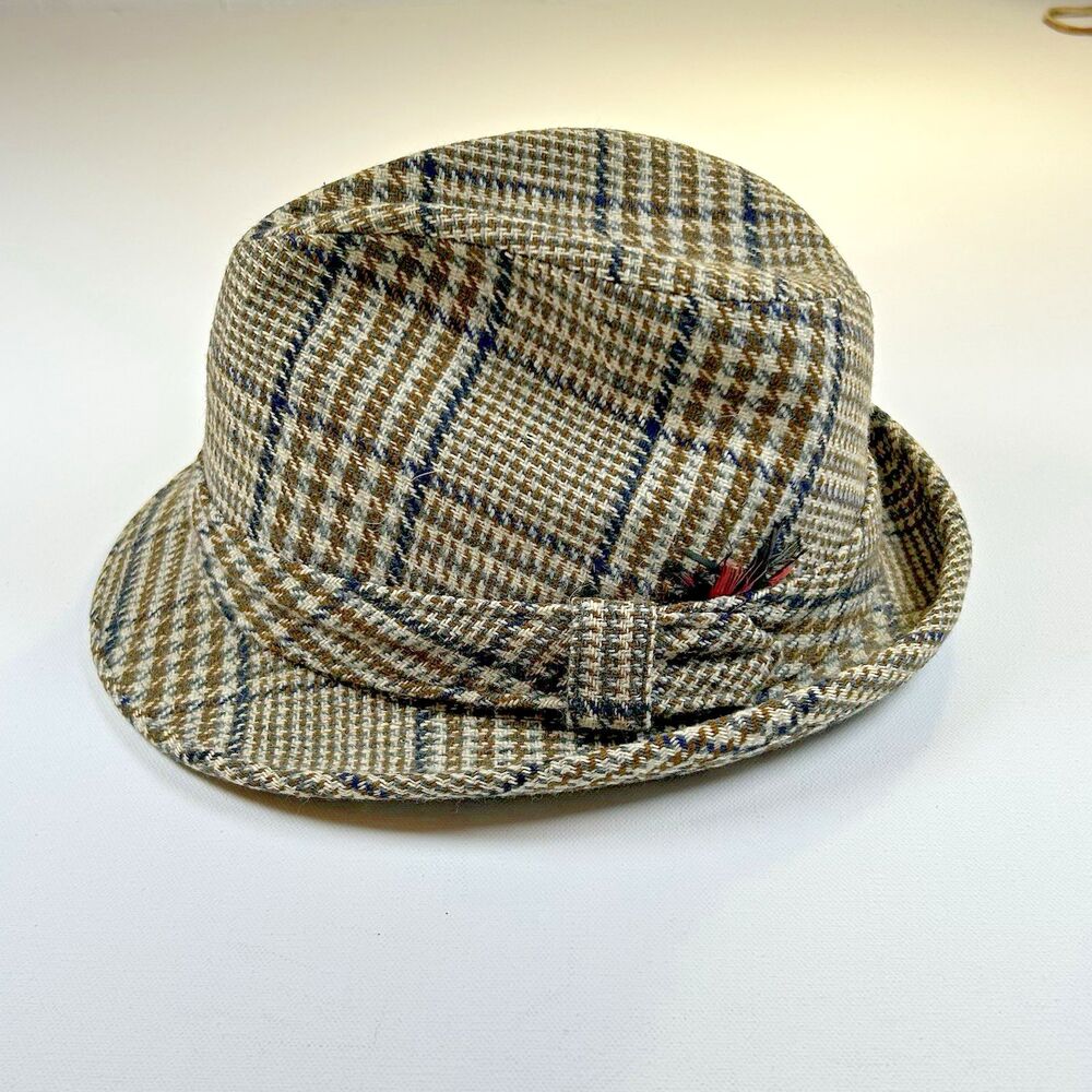 Vintage Kevin McAndrew Tweed Trilby Fedora Hat Mens Sz 7 3/8 Houndstooth Plaid W - Picture 2 of 12